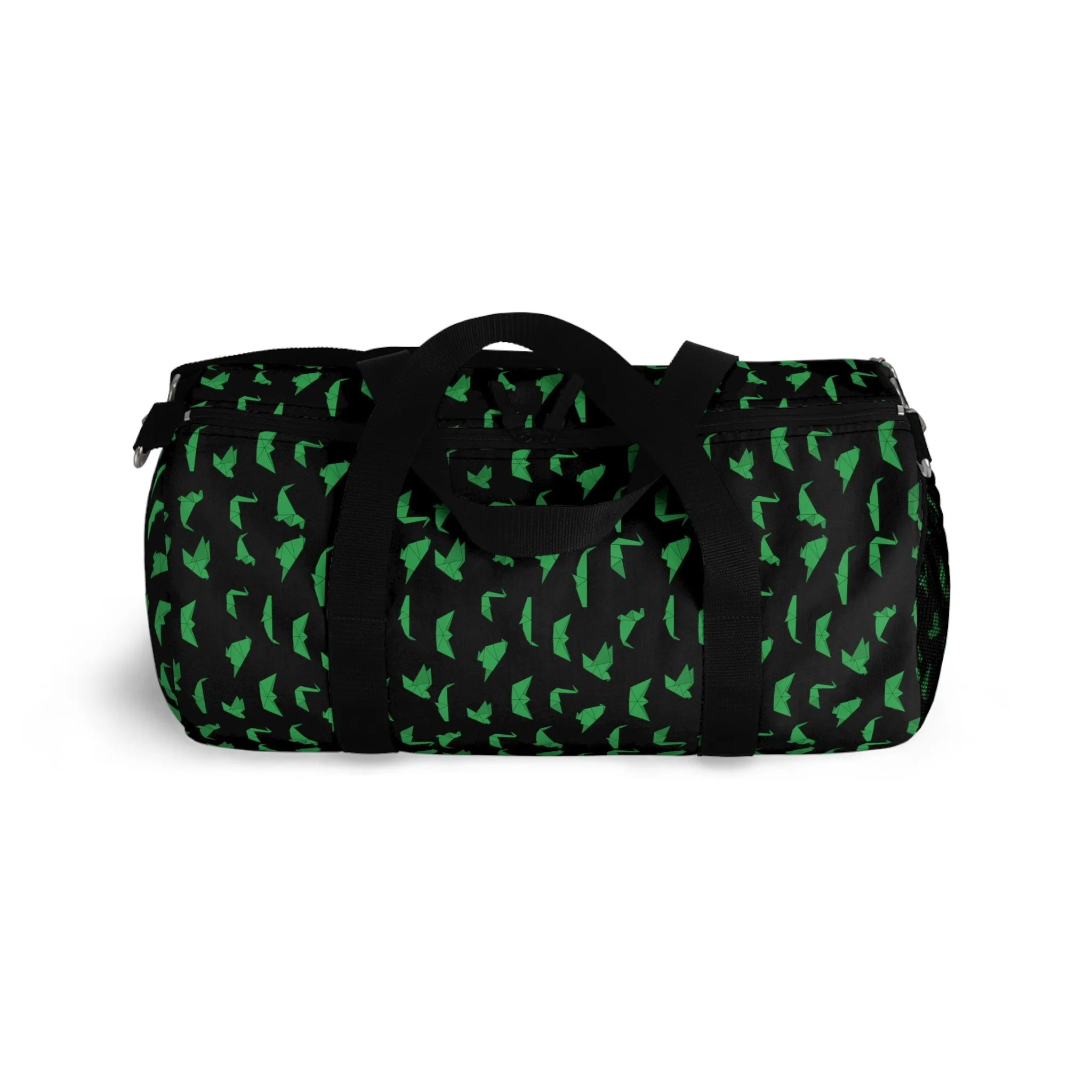 Black Crane Print Duffel Bag, Green Japanese Crane Print Pattern Duffle or Gym Bag Small or Large - Made in USA