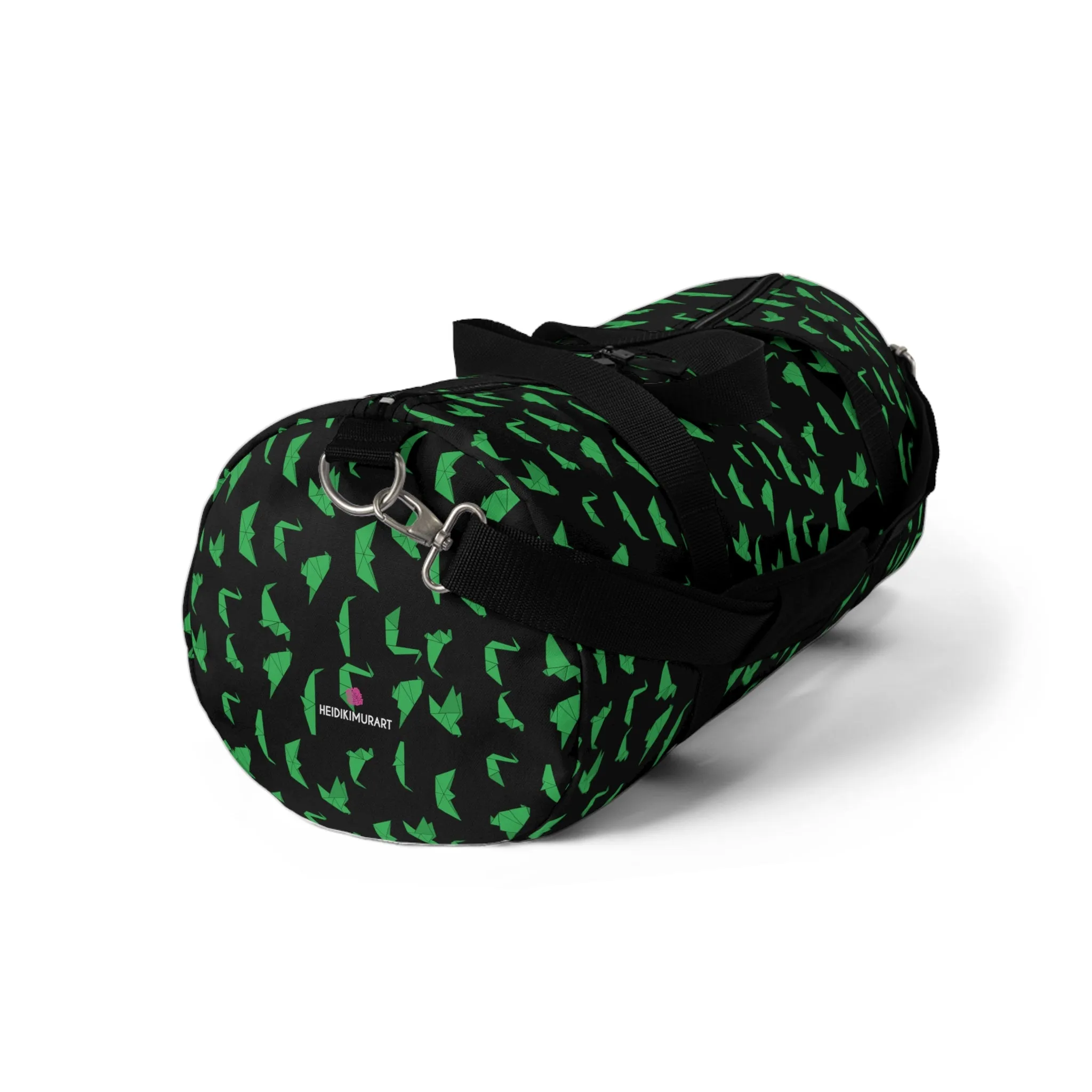 Black Crane Print Duffel Bag, Green Japanese Crane Print Pattern Duffle or Gym Bag Small or Large - Made in USA