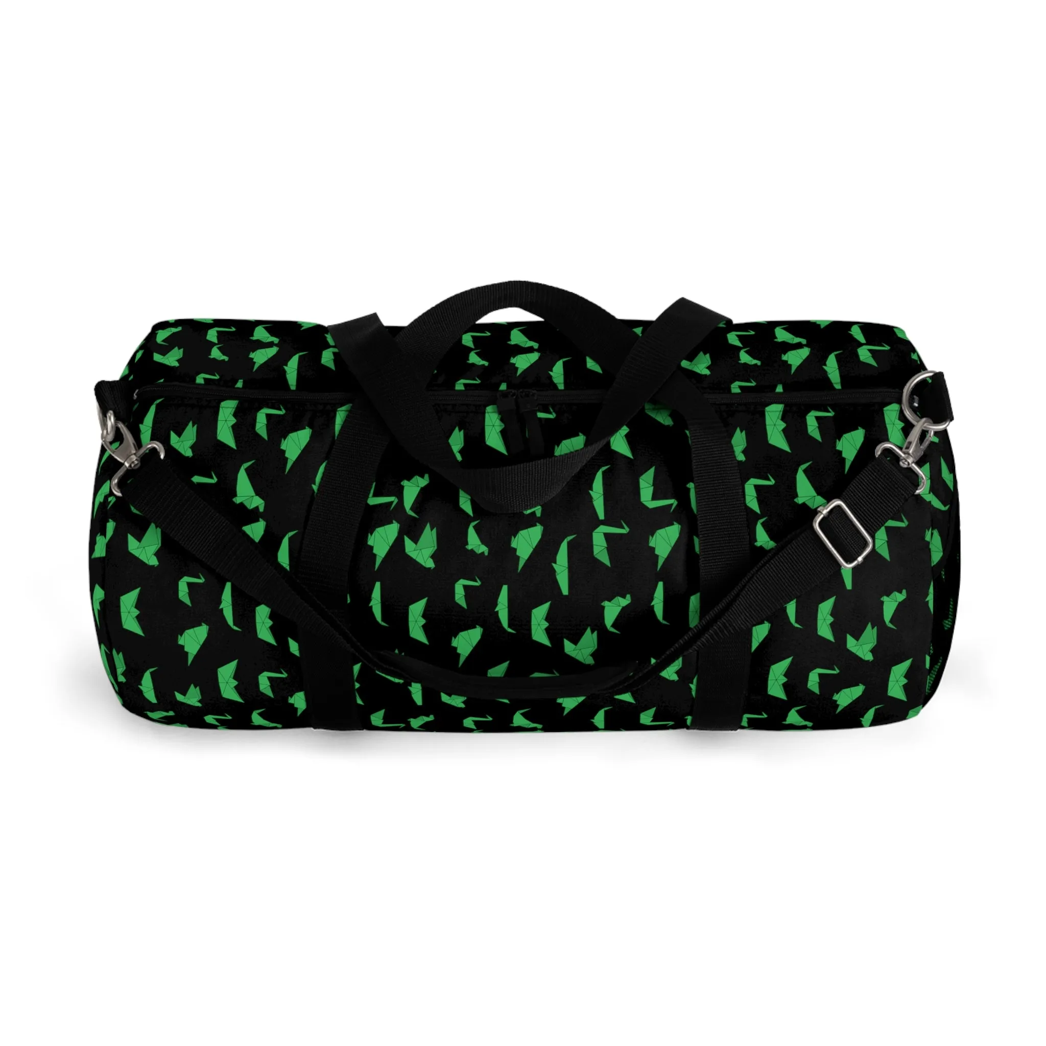 Black Crane Print Duffel Bag, Green Japanese Crane Print Pattern Duffle or Gym Bag Small or Large - Made in USA