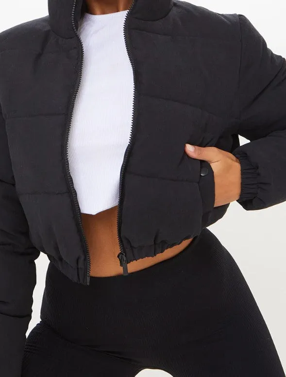 Black Cropped Peach Skin Bubble Puffer Jacket