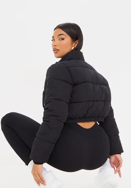 Black Cropped Peach Skin Bubble Puffer Jacket