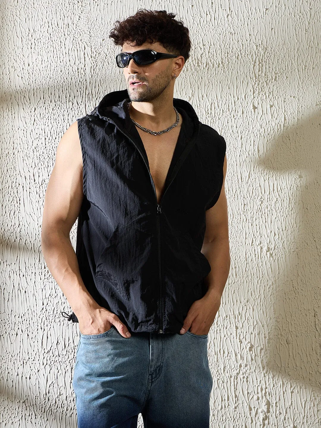 Black Crushed Nylon Sleeveless Windbreaker Jacket