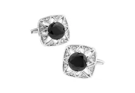 Black Crystal Silver Filigree Metal Cufflinks