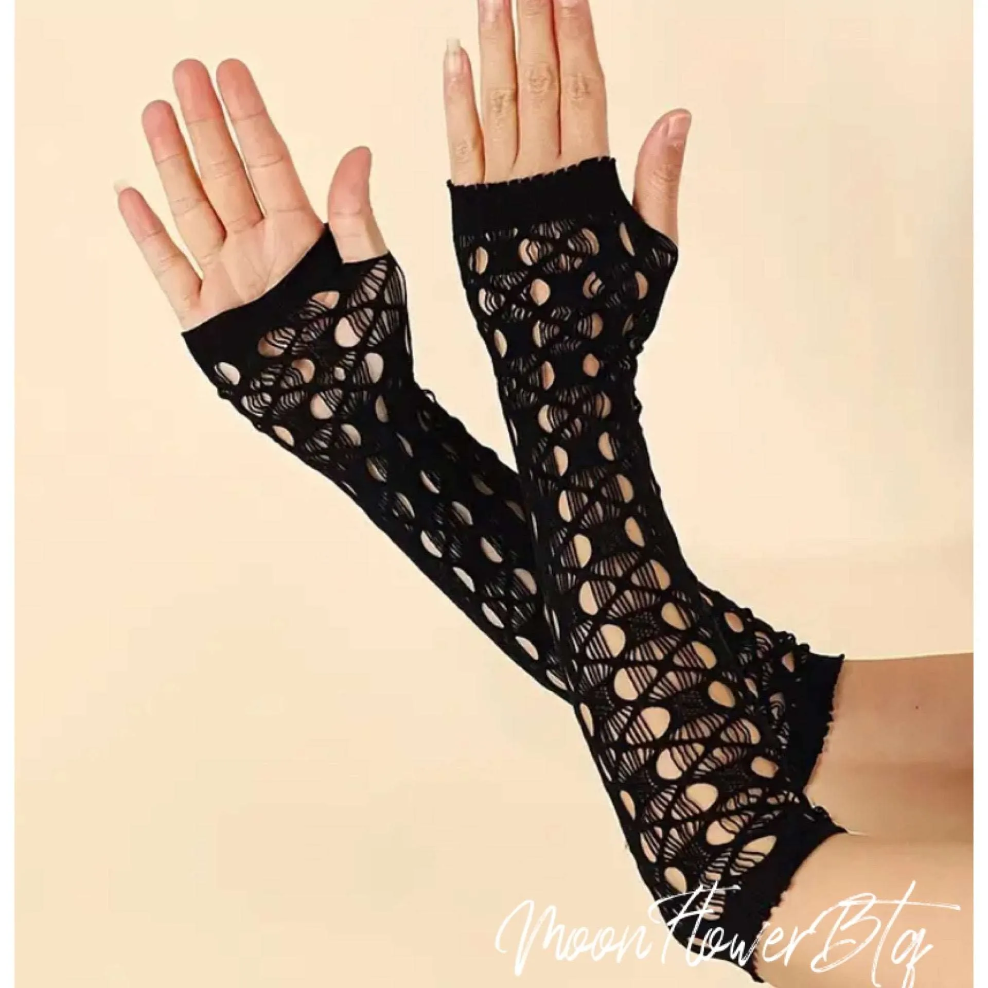 Black Cutout Fishnet Long Fingerless Gloves