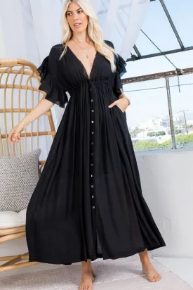 Black Deep V Neck Ruffle Maxi Dress