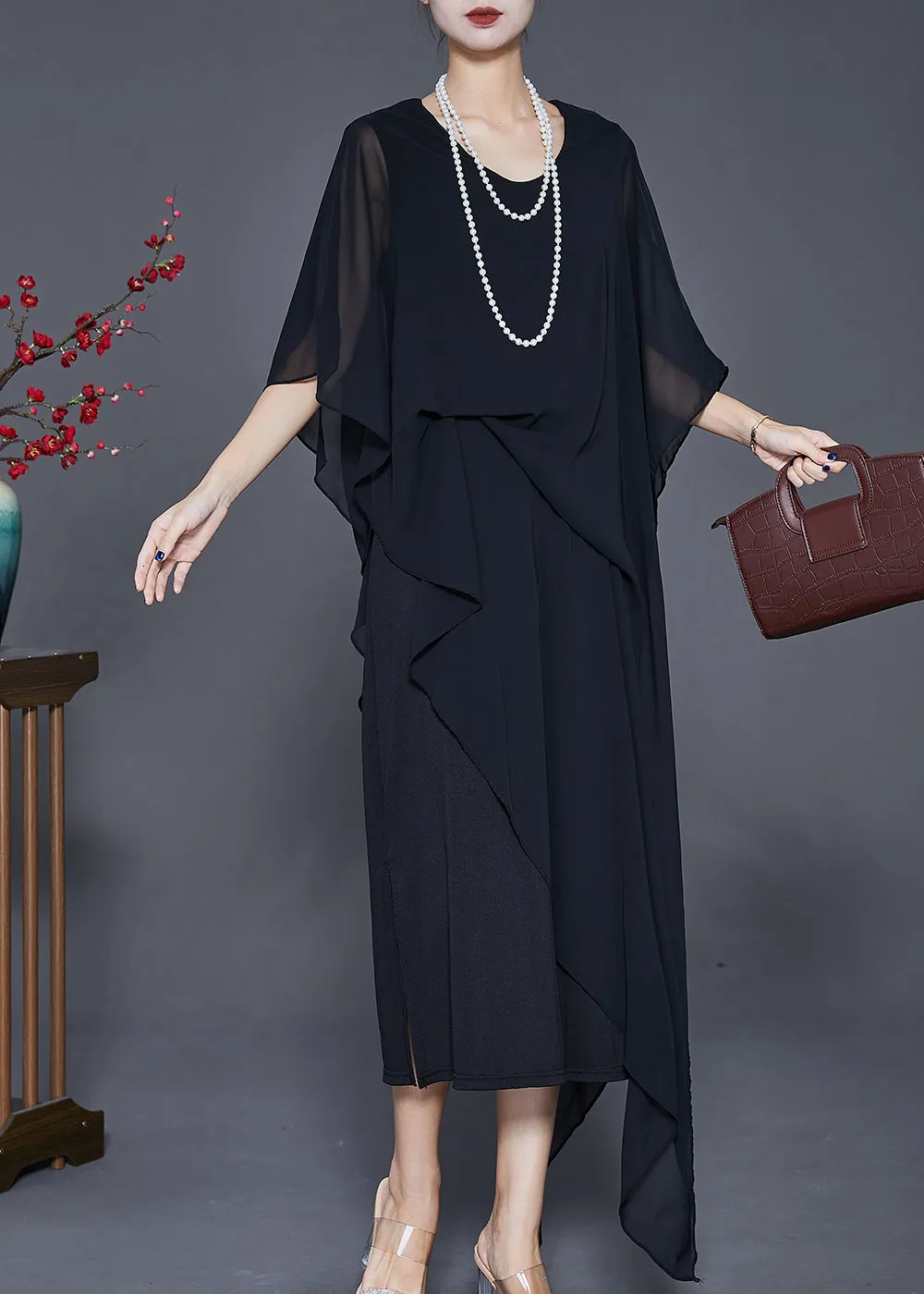 Black Draping Chiffon Robe Dresses Asymmetrical Cloak Sleeves ML1816