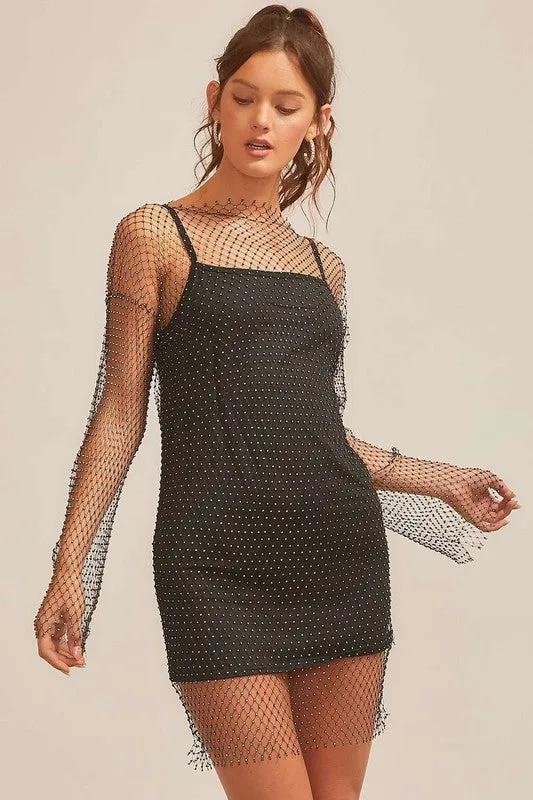 Black Fishnet With Rhinestone Sexy Mini Dress