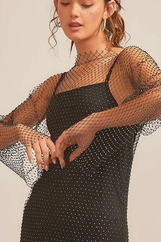 Black Fishnet With Rhinestone Sexy Mini Dress