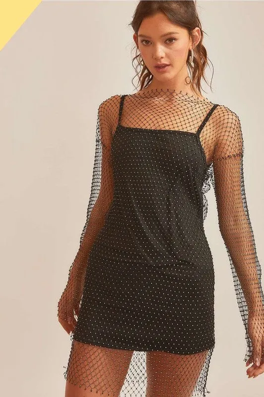 Black Fishnet With Rhinestone Sexy Mini Dress