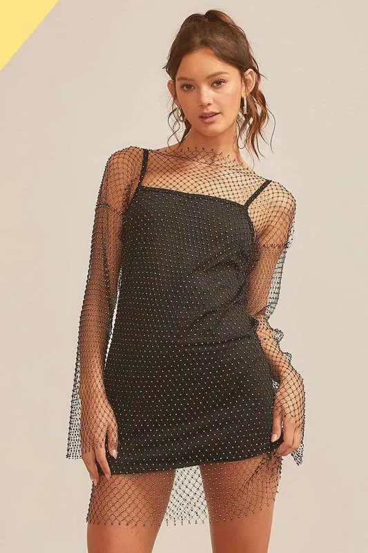 Black Fishnet With Rhinestone Sexy Mini Dress