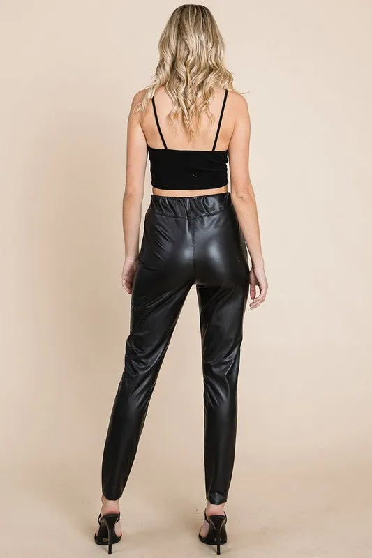 Black Fleece Lined Faux Leather Pants With Elastic Band