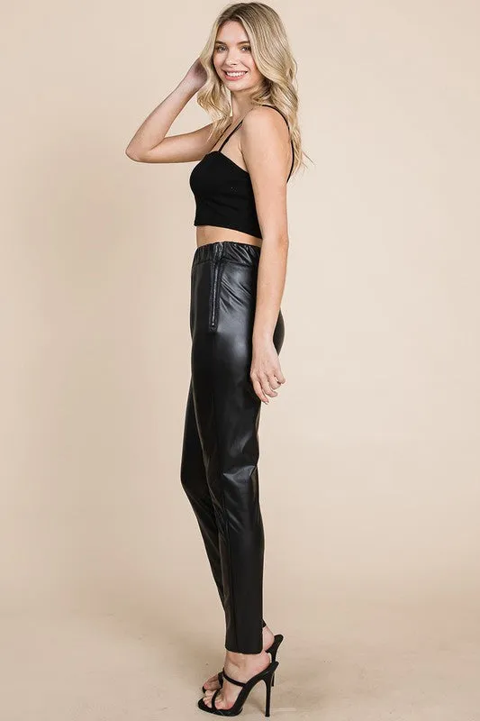 Black Fleece Lined Faux Leather Pants With Elastic Band