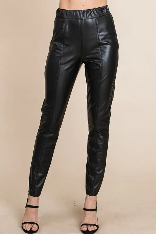 Black Fleece Lined Faux Leather Pants With Elastic Band