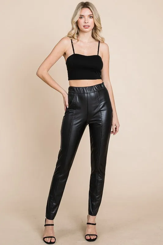 Black Fleece Lined Faux Leather Pants With Elastic Band