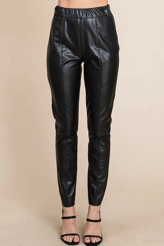 Black Fleece Lined Faux Leather Pants With Elastic Band