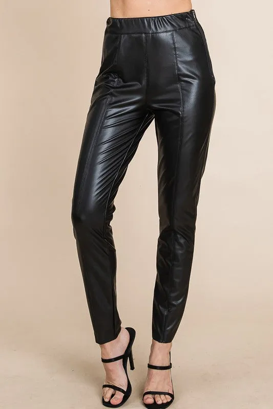 Black Fleece Lined Faux Leather Pants With Elastic Band