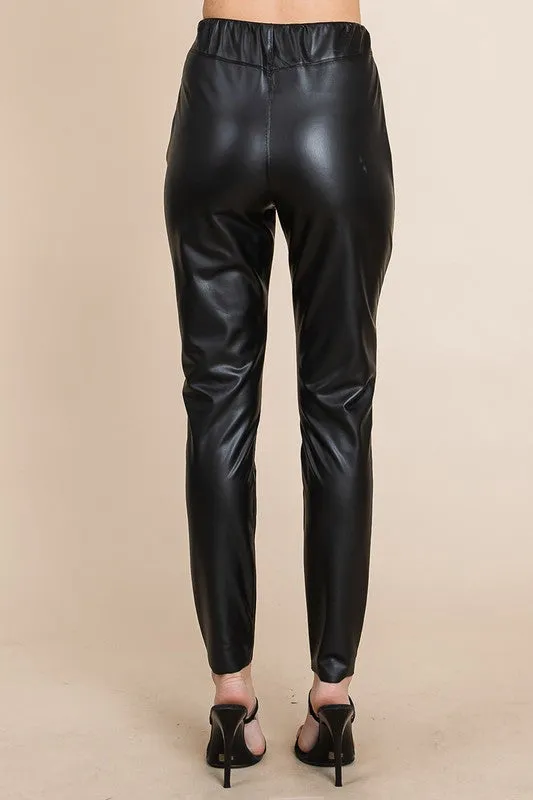 Black Fleece Lined Faux Leather Pants With Elastic Band