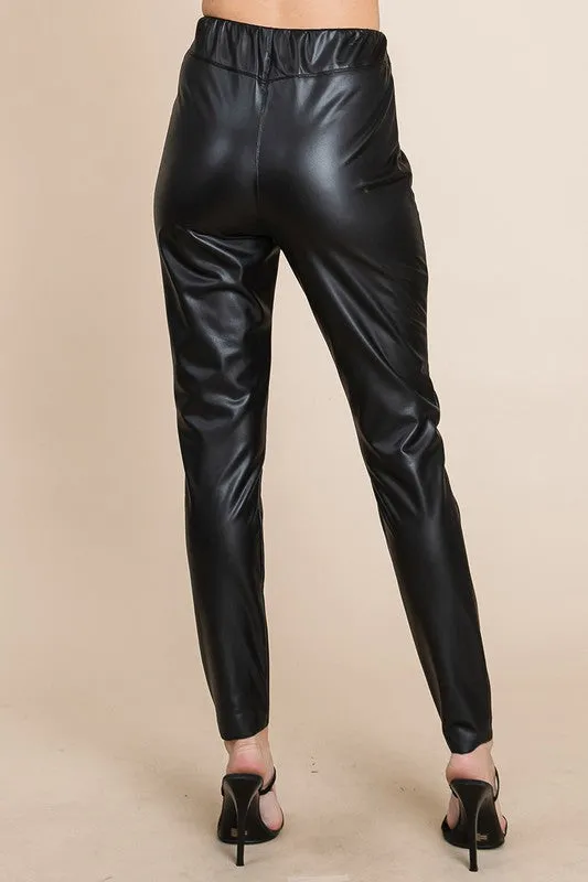 Black Fleece Lined Faux Leather Pants With Elastic Band