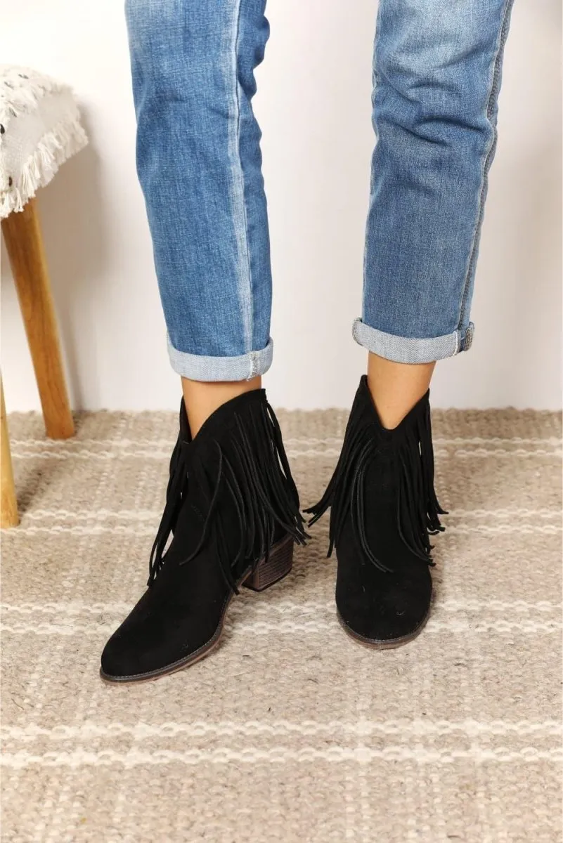 Black Fringy Cowgirl Western Ankle Boots