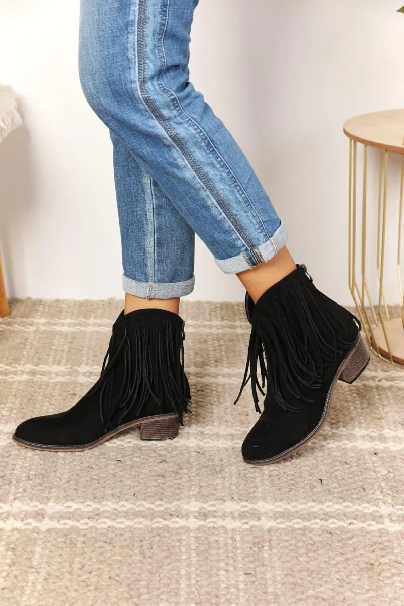 Black Fringy Cowgirl Western Ankle Boots