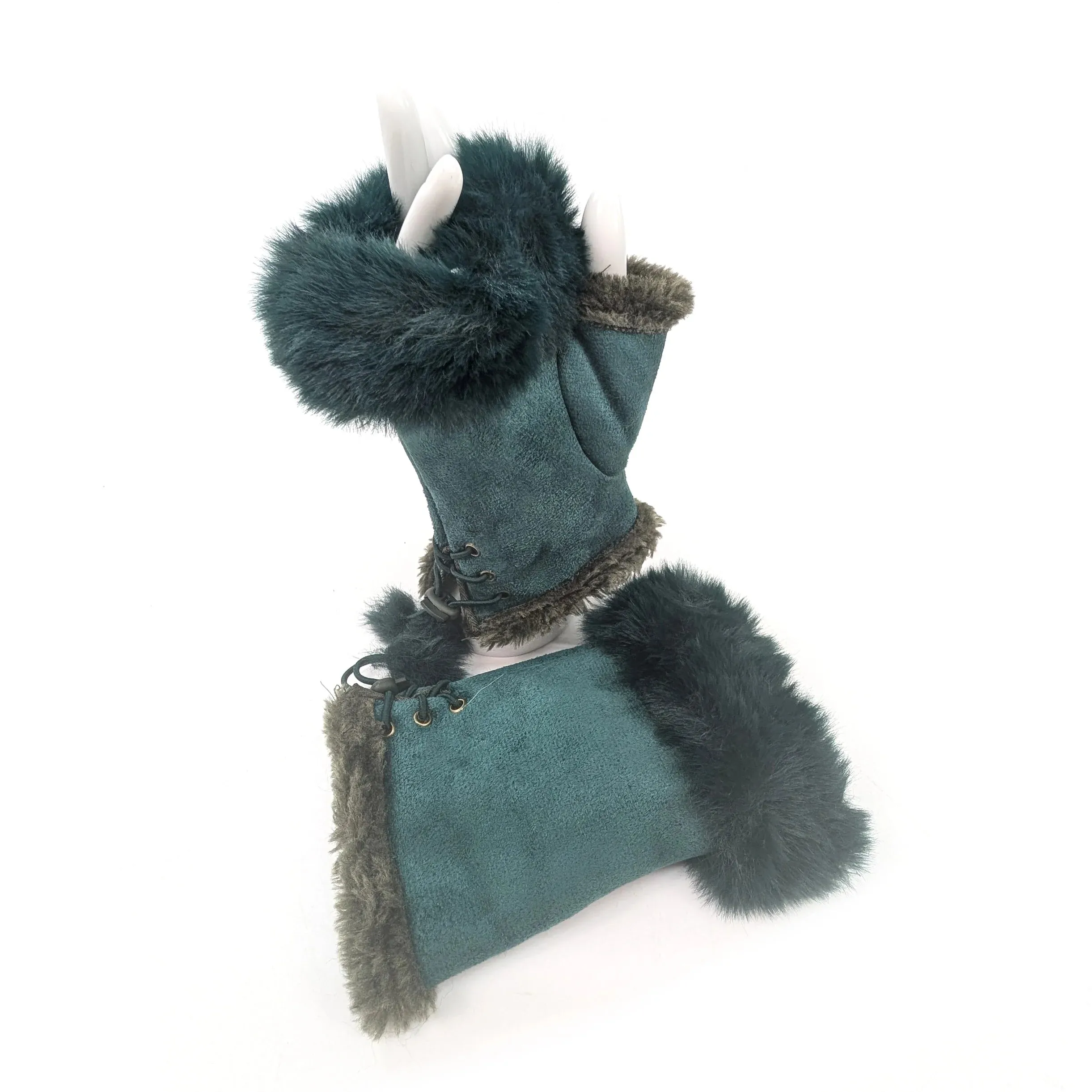 Black Ginger Emerald Green Suede Effect Fingerless Gloves - 800-685