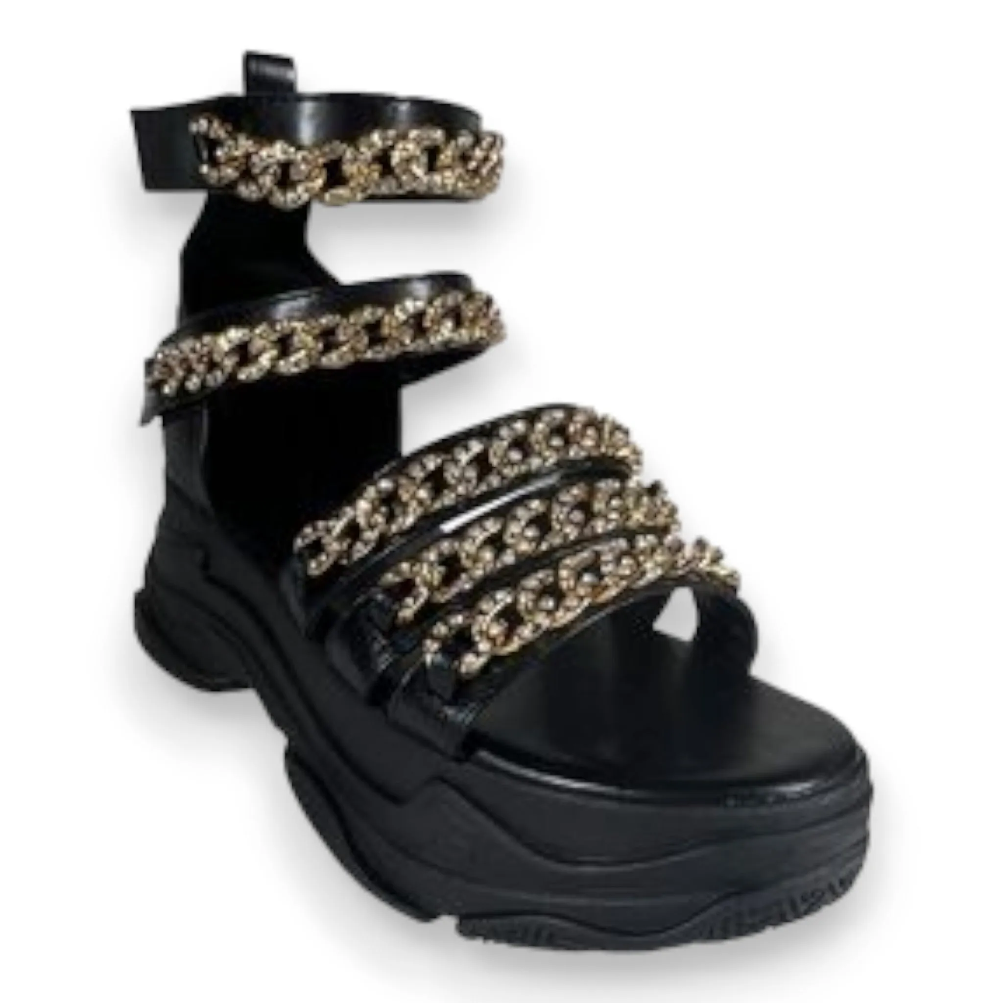 Black Gold Chain Chunky Sandals