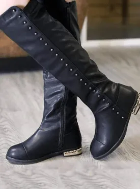 Black Gold Studded Knee High Boots By Liv and Mia