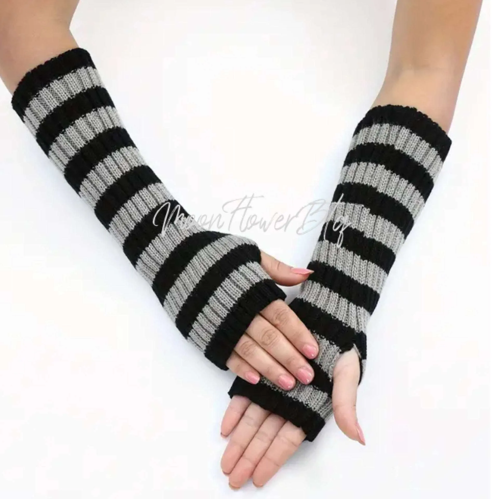 Black Gray Long Ribbed Knit Fingerless Gloves