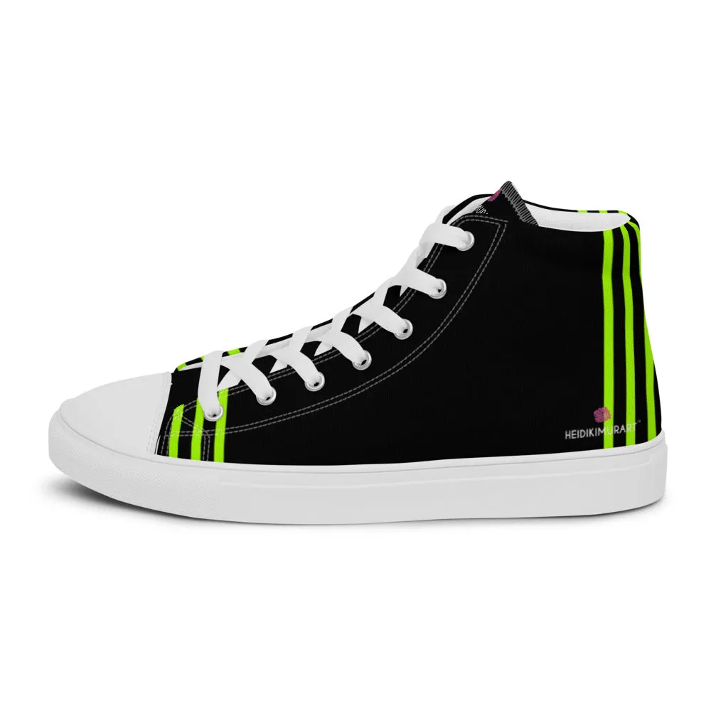 Black Green Striped Men's Sneakers, Vertical Stripes Premium High Top Tennis Shoes For Men