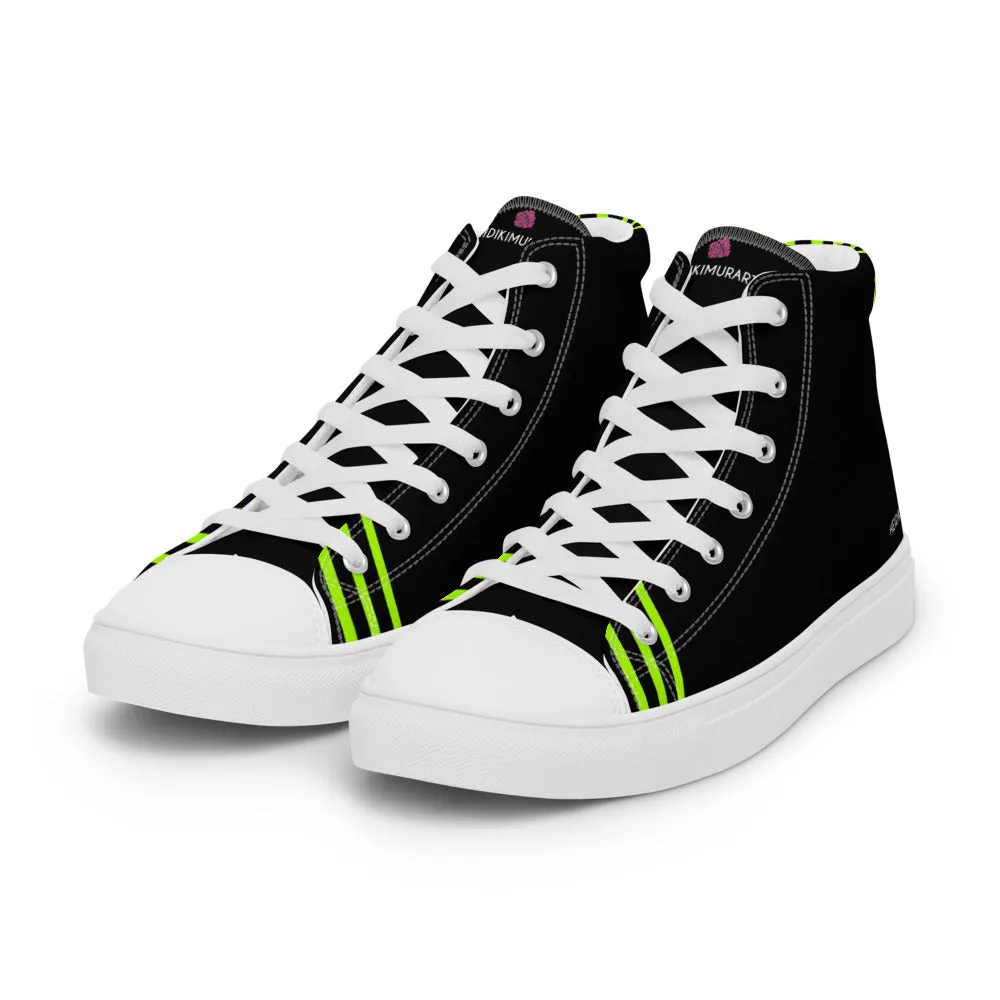 Black Green Striped Men's Sneakers, Vertical Stripes Premium High Top Tennis Shoes For Men