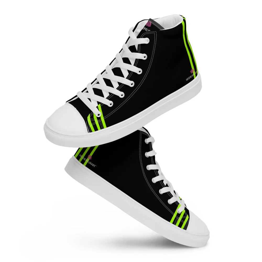 Black Green Striped Men's Sneakers, Vertical Stripes Premium High Top Tennis Shoes For Men