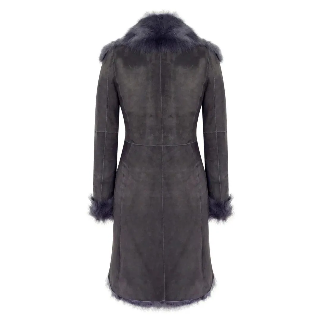 Black Grey 3/4 Length Ladies Suede Real Toscana Sheepskin Coat Tailored Fit