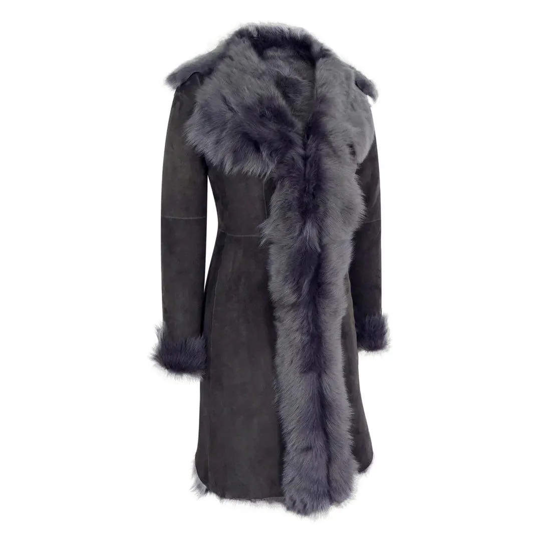 Black Grey 3/4 Length Ladies Suede Real Toscana Sheepskin Coat Tailored Fit