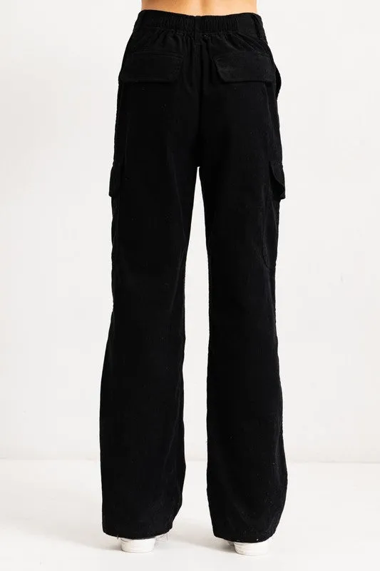 Black High Rise Straight Fit Corduroy Cargo Pants