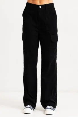 Black High Rise Straight Fit Corduroy Cargo Pants