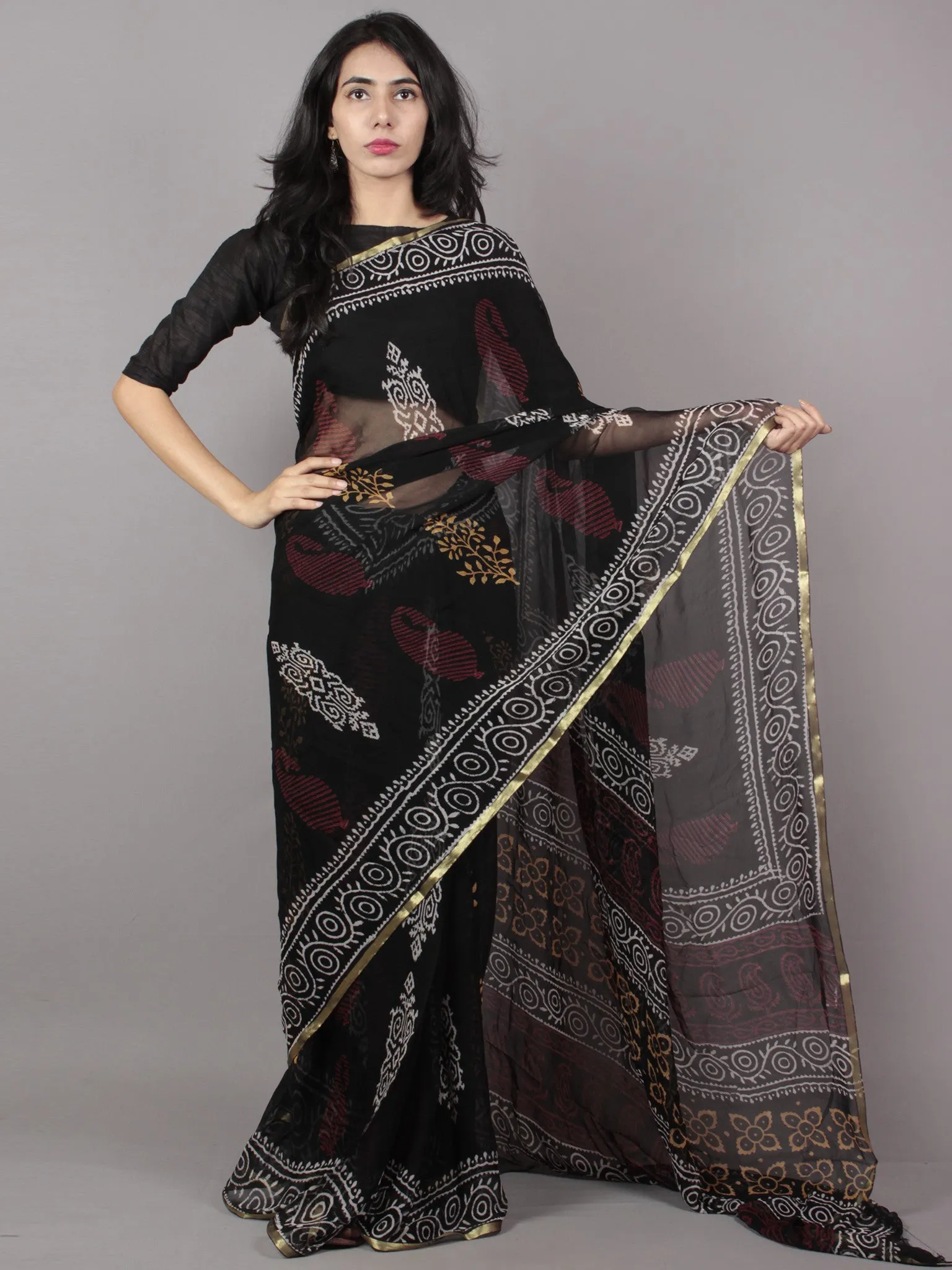 Black Ivory Maroon Yellow Hand Block Printed Chiffon Saree - S031701670