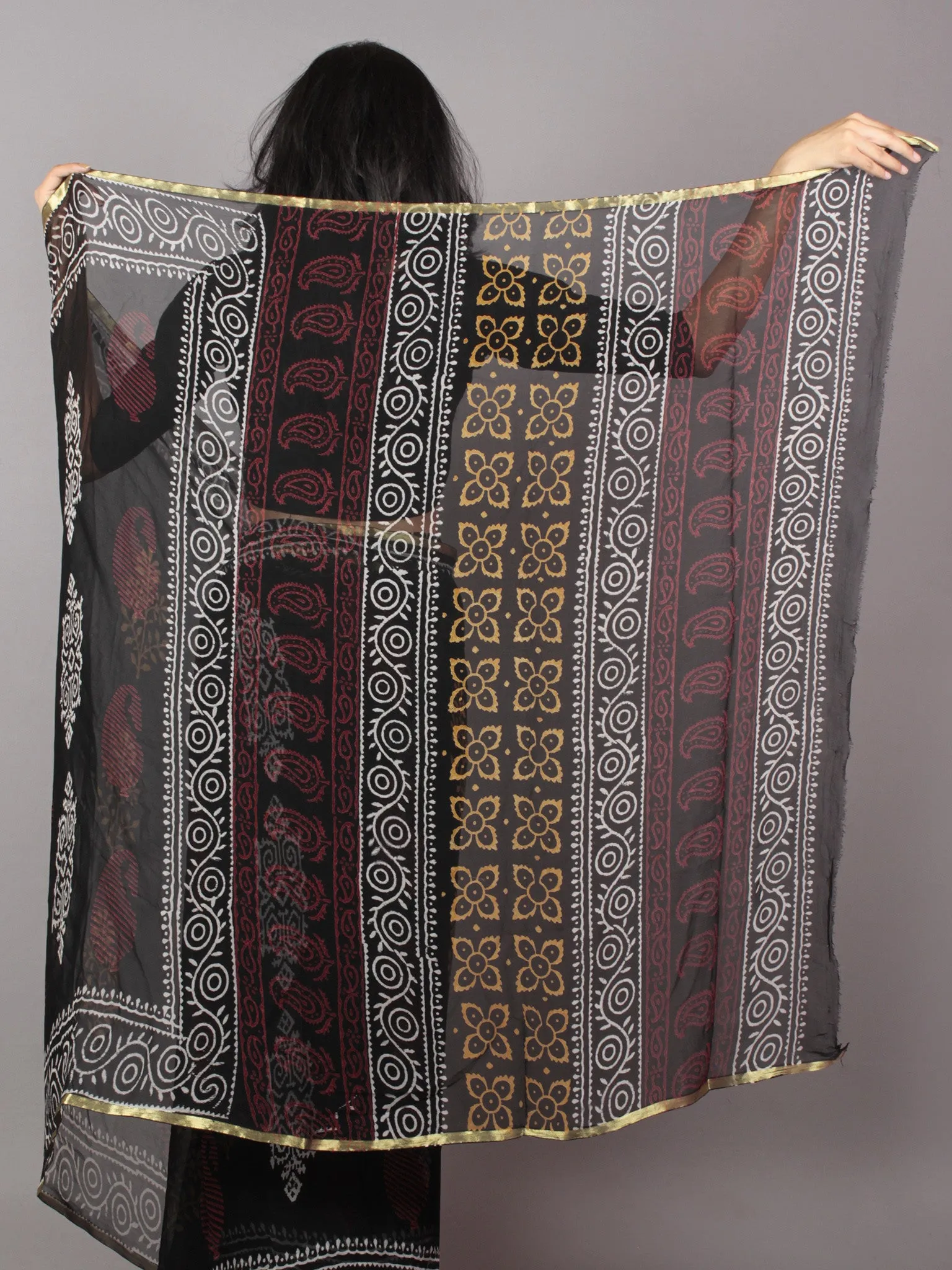 Black Ivory Maroon Yellow Hand Block Printed Chiffon Saree - S031701670