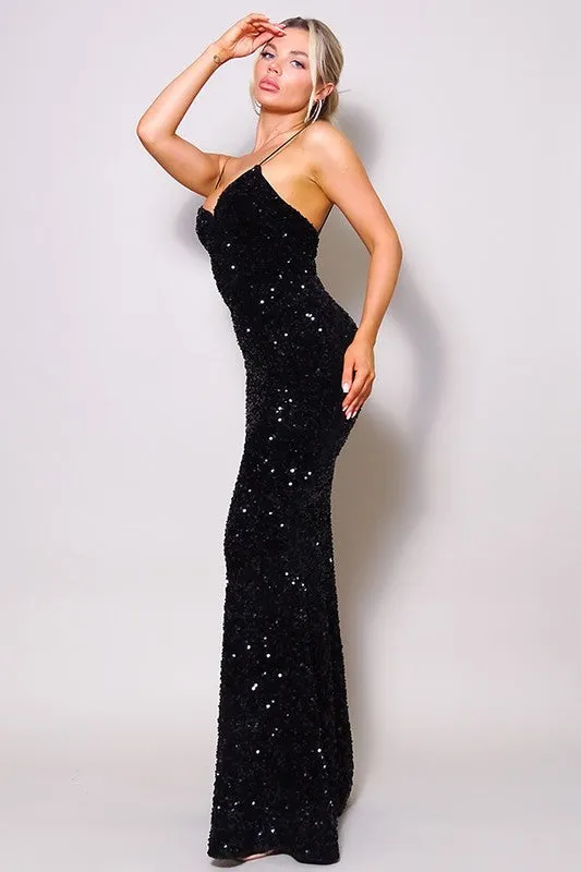 Black Just Like Marilyn Teddy Velvet Sequins Maxi Dress