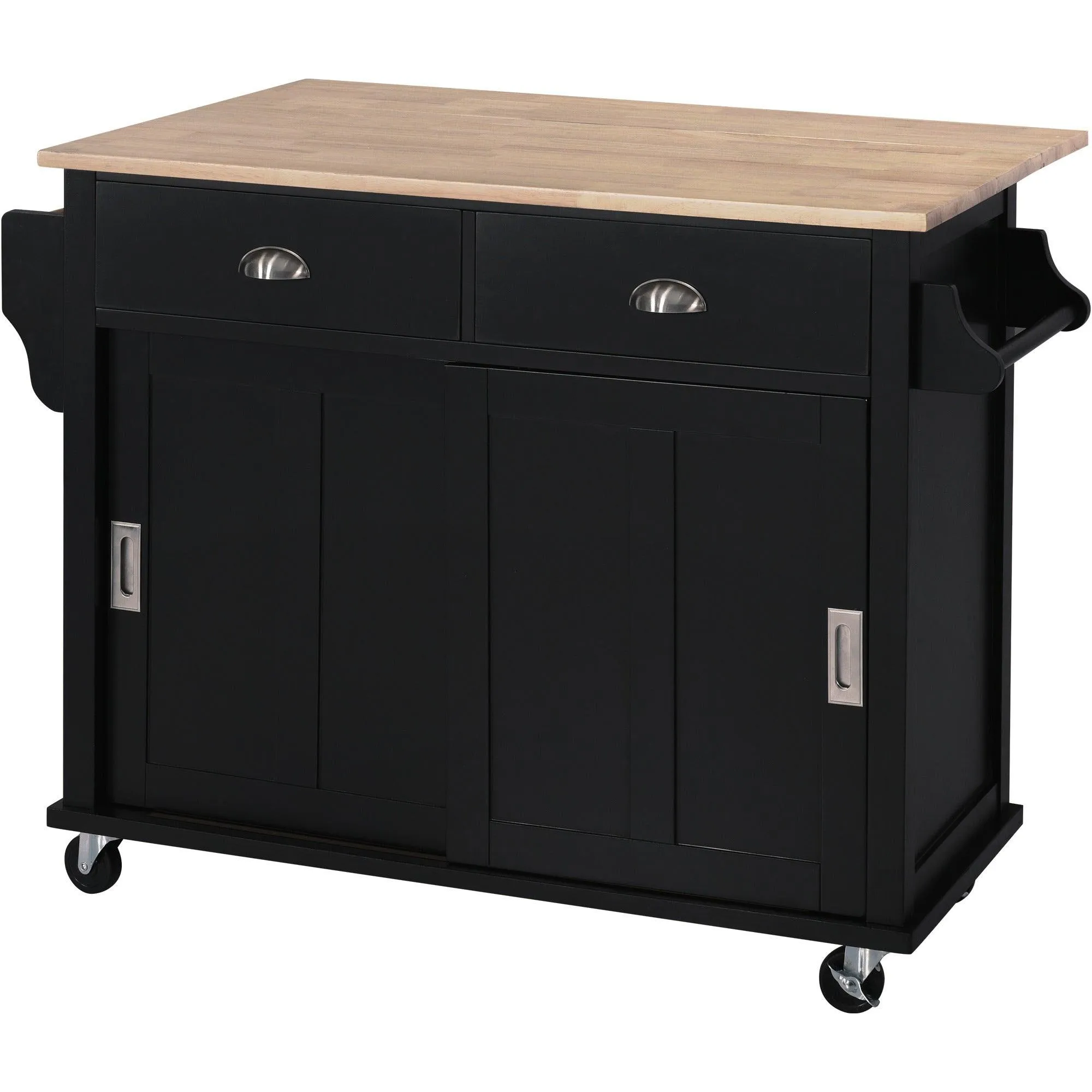 Black Kitchen Cart with Drop-Leaf Top, Sliding Barn Door, 4 Wheels, Storage Cabinet & 2 Drawers