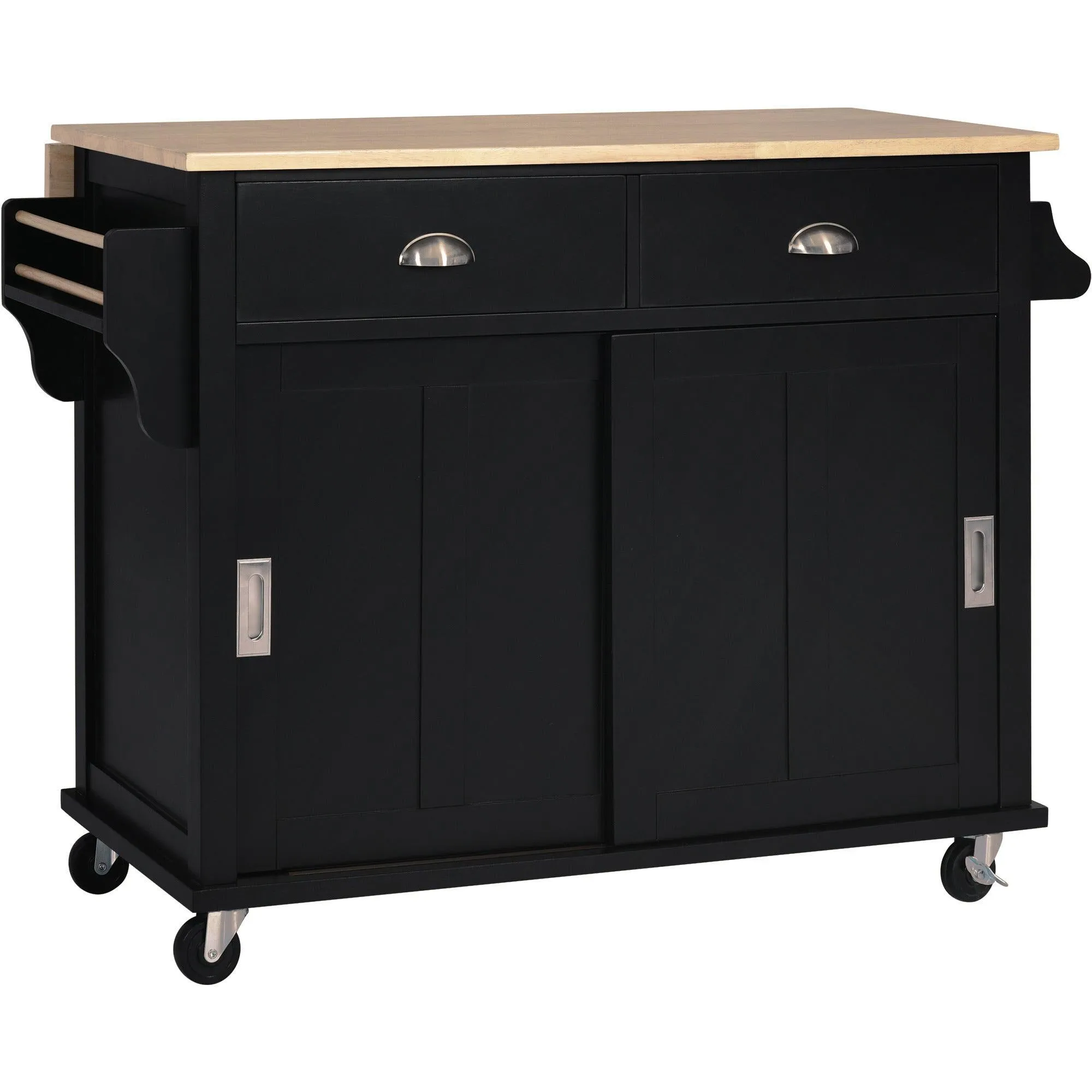 Black Kitchen Cart with Drop-Leaf Top, Sliding Barn Door, 4 Wheels, Storage Cabinet & 2 Drawers