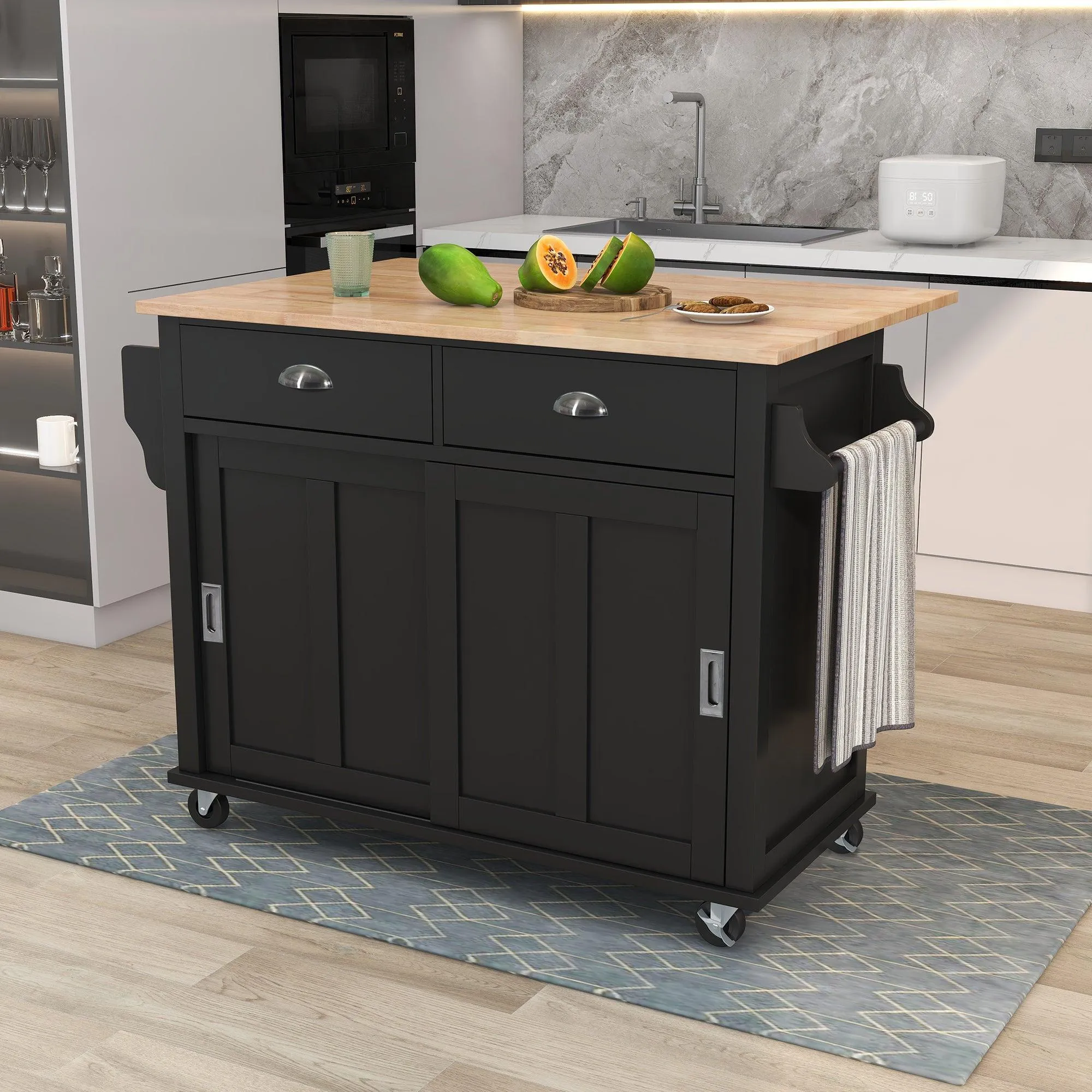 Black Kitchen Cart with Drop-Leaf Top, Sliding Barn Door, 4 Wheels, Storage Cabinet & 2 Drawers