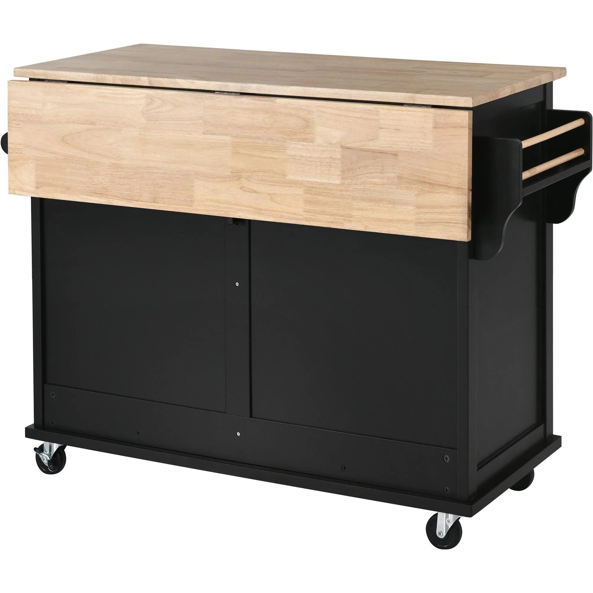 Black Kitchen Cart with Drop-Leaf Top, Sliding Barn Door, 4 Wheels, Storage Cabinet & 2 Drawers