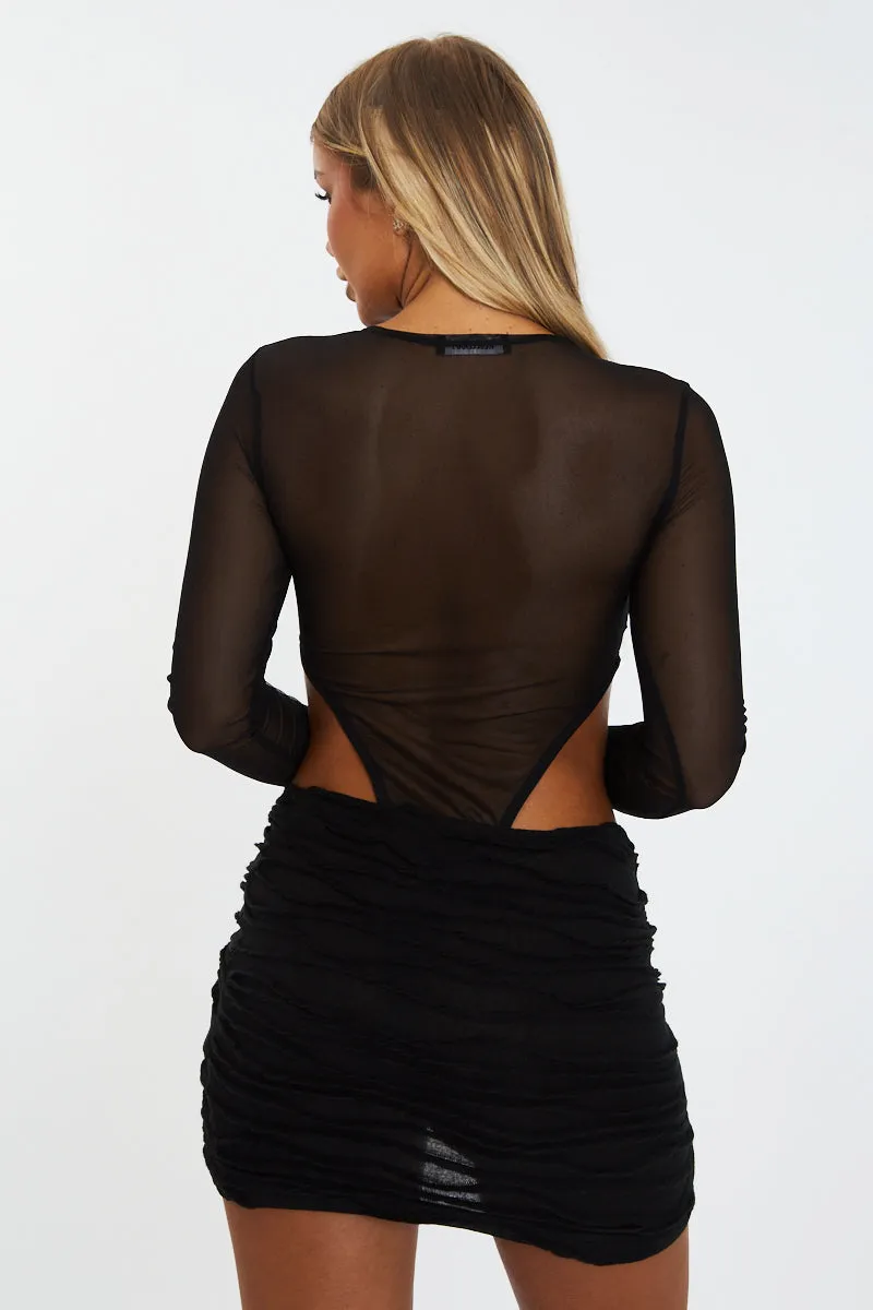 Black Knitted Mesh Bodysuit & Wrap Mini Skirt Set - Hailey