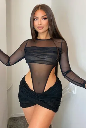 Black Knitted Mesh Bodysuit & Wrap Mini Skirt Set - Hailey