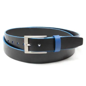 Black leather belt with Sharp Blue trim and keeper