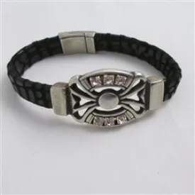 Black Leather Bracelet with Bold Silver Accent