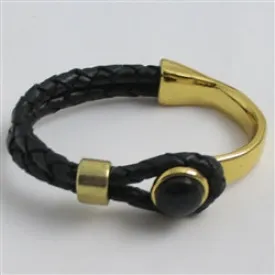 Black Leather Cord Bracelet with Gold Sheppard Hook