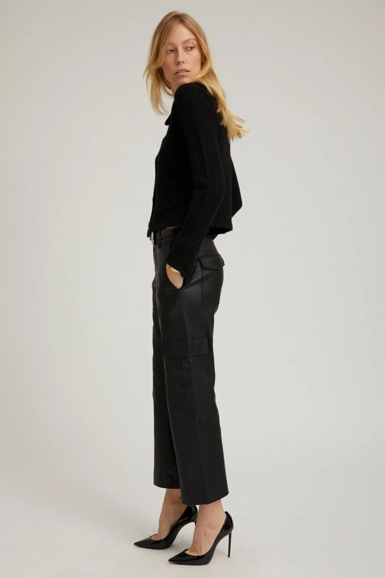 Black Leather Cropped Cargo Trousers