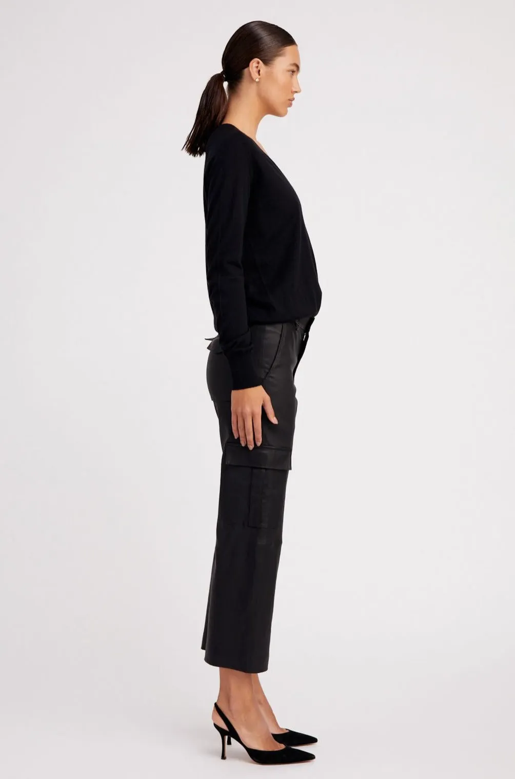 Black Leather Cropped Cargo Trousers