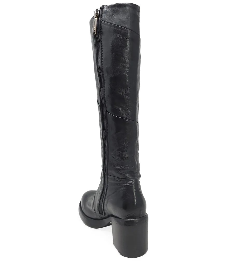 Black Leather Platform Knee High Boot